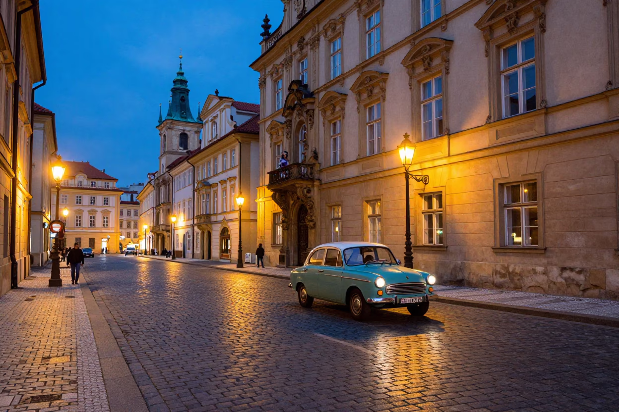 Vintage Prague Street Scene at Dusk with Classic Car and Historic Architecture in in Prague, Czech Republic