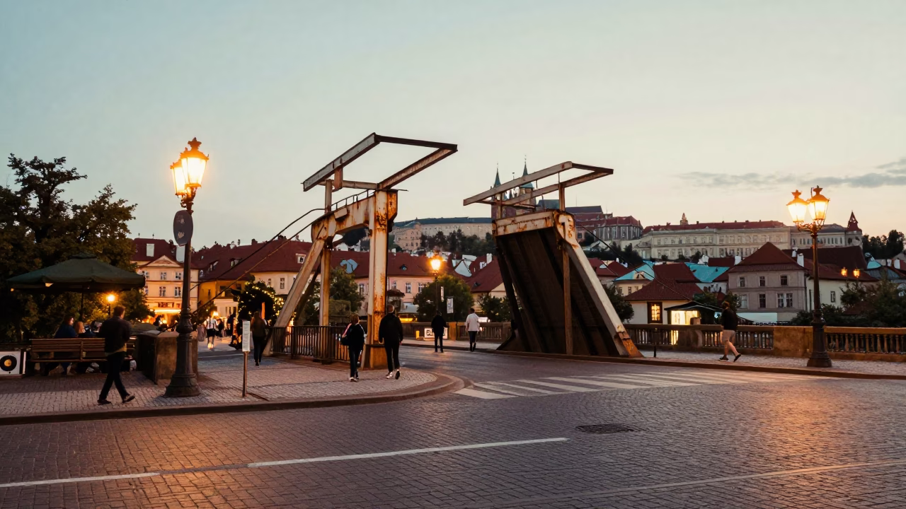 Vintage Prague Street Scene at Dusk with Rusted Drawbridge and Local Commuters in in Prague, Czech Republic