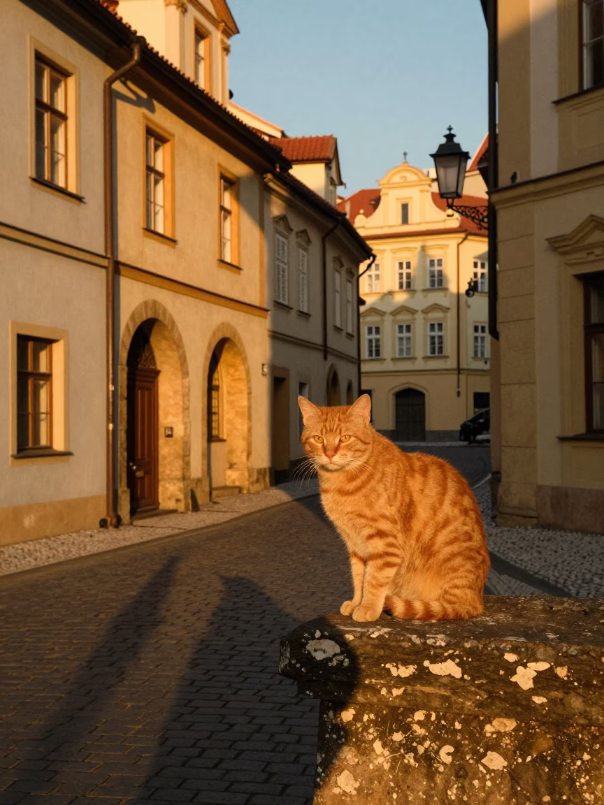 Vintage Prague Street Scene at Sunset with Ginger Cat and Guitar in in Prague, Czech Republic