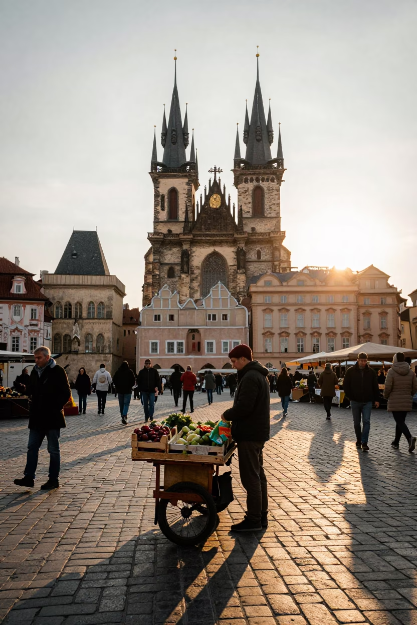 Vintage Prague Street Scene at Sunset with Local Market Activity in in Prague, Czech Republic