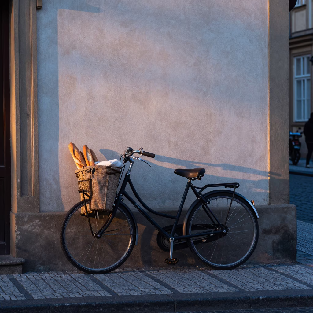 Vintage Prague Street Scene Before Sunrise with Bicycle and Baguettes in in Prague, Czech Republic