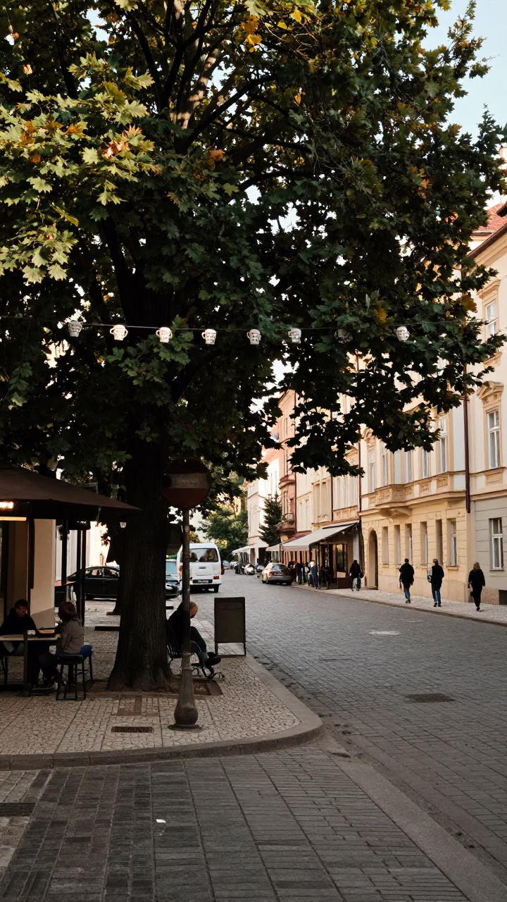 Vintage Prague Street Scene Early Afternoon with Coffee Mugs and Wicker Hamper on Cobblestones in in Prague, Czech Republic