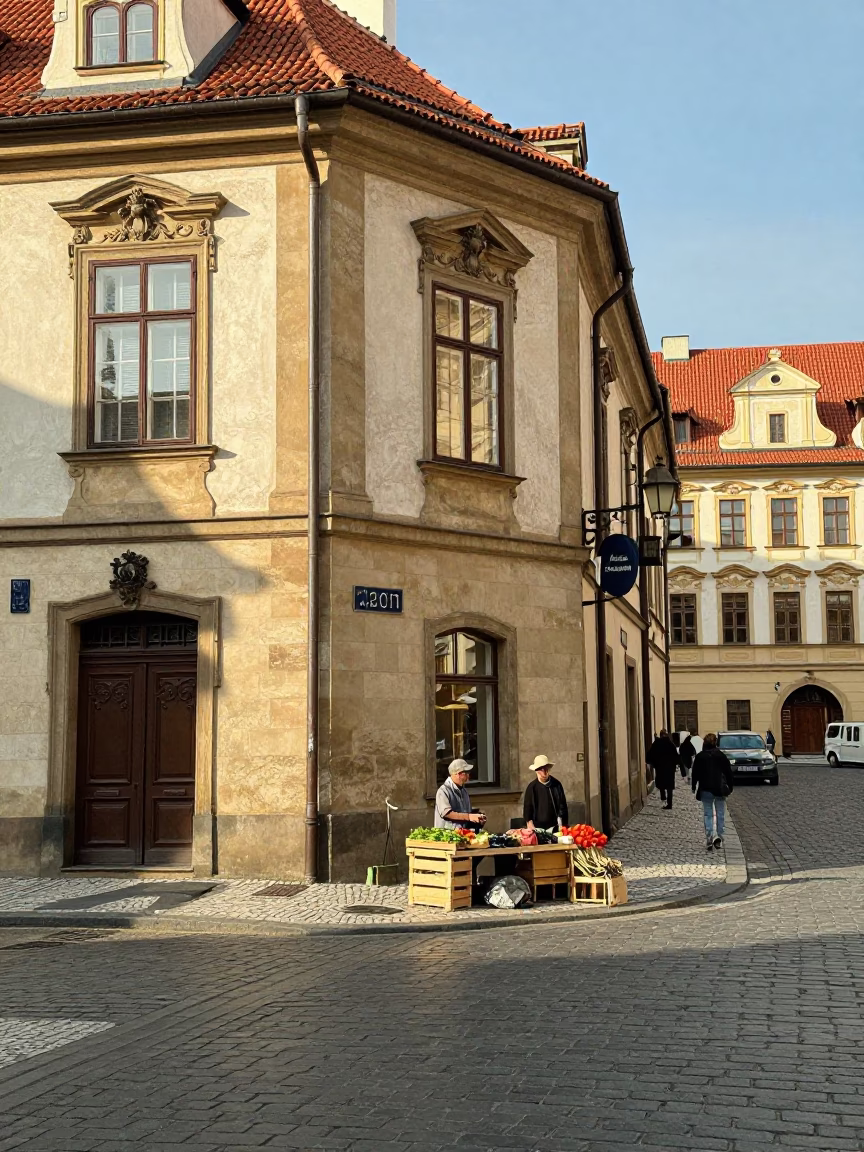 Vintage Prague Street Scene Late Afternoon Light with Local Market Goods in in Prague, Czech Republic