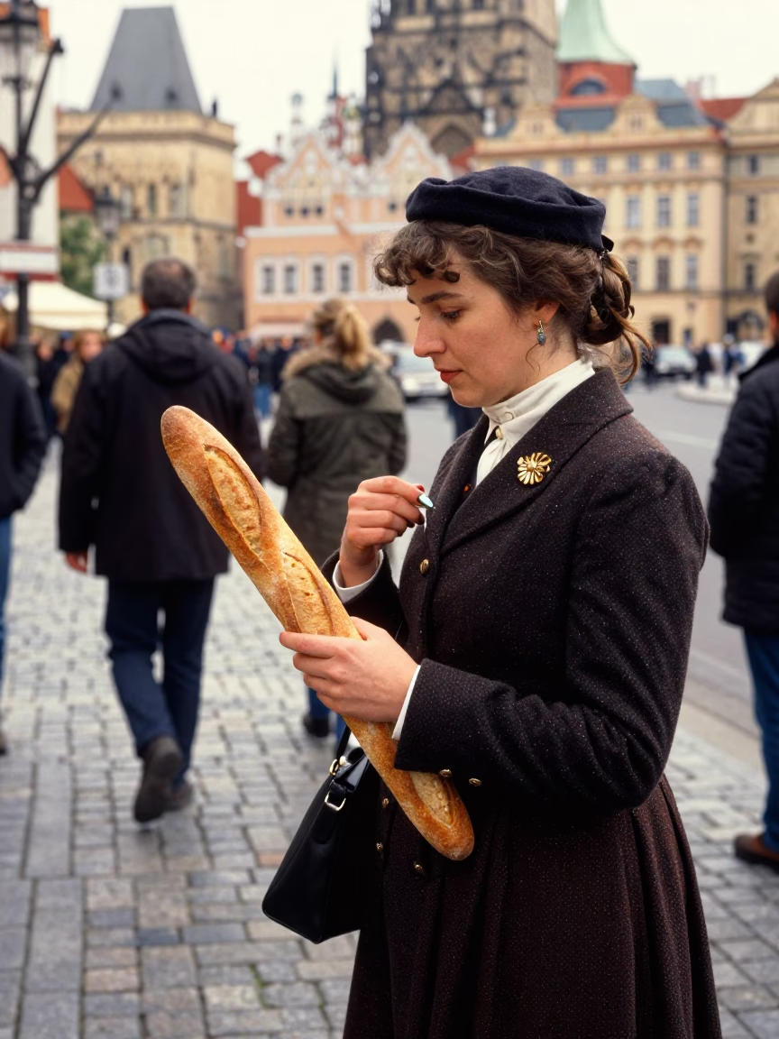 Vintage Prague Street Scene with Baguettes and Brooch Detail in Early Afternoon Light in in Prague, Czech Republic