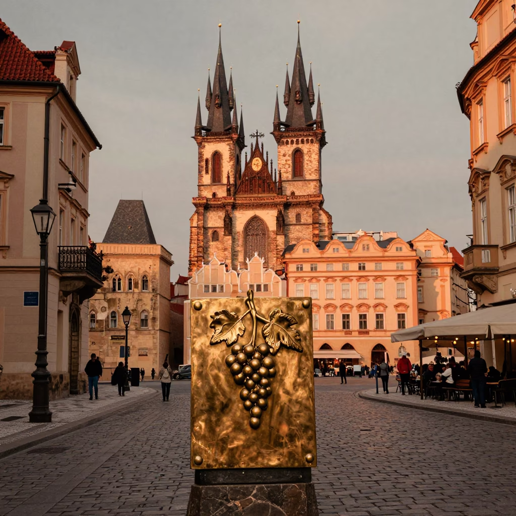 Vintage Prague Street Scene with Brass Escutcheon and Grapes in Copper Dusk Light in in Prague, Czech Republic