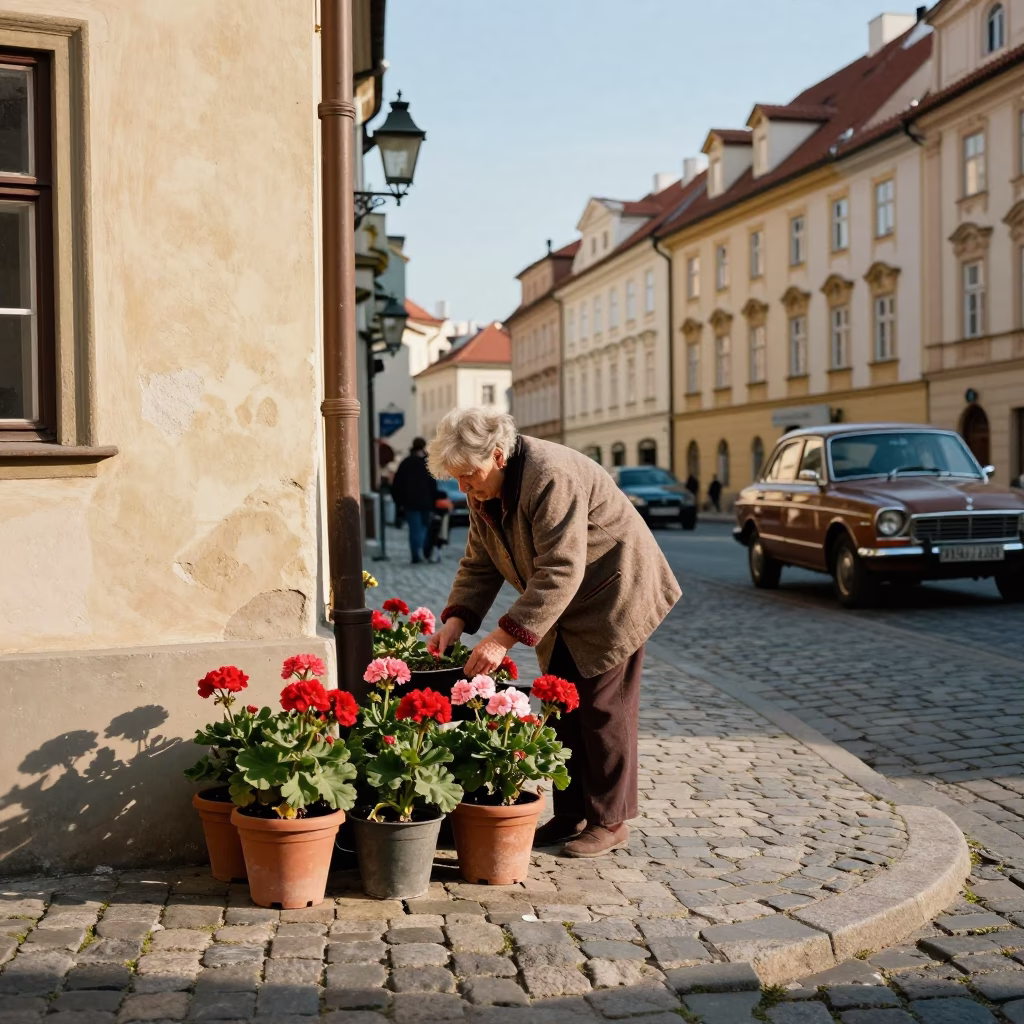 Vintage Prague Street Scene with Potted Geraniums and Classic Architecture in in Prague, Czech Republic