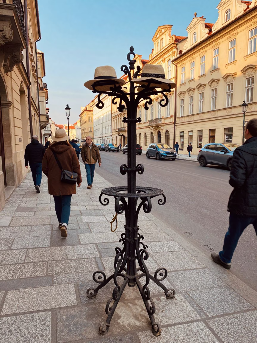 Vintage Prague Street Scene with Sun Hats and Coat Stand in Early Afternoon Light in in Prague, Czech Republic