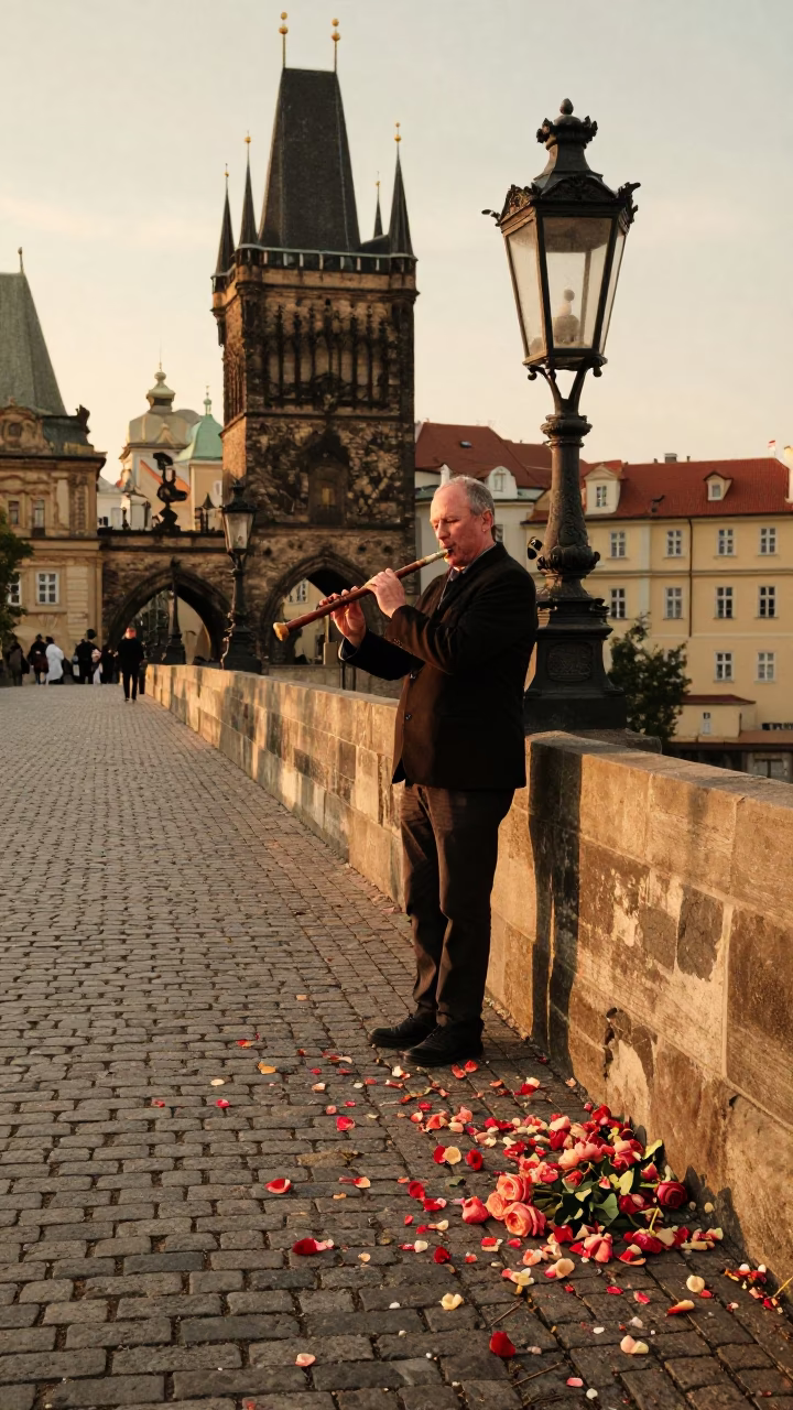 Vintage Prague Street Scene with Wooden Flute and Petals in Evening Light in in Prague, Czech Republic