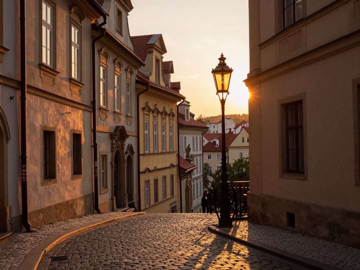 Vintage Prague Sunset Street Scene with Lantern and Local Life in in Prague, Czech Republic
