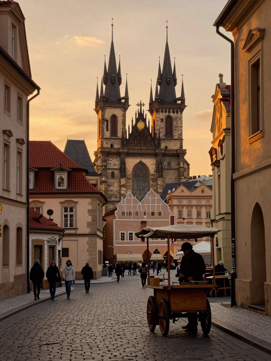 Vintage Prague Sunset Street Scene with Local Vendor and Pedestrians in in Prague, Czech Republic