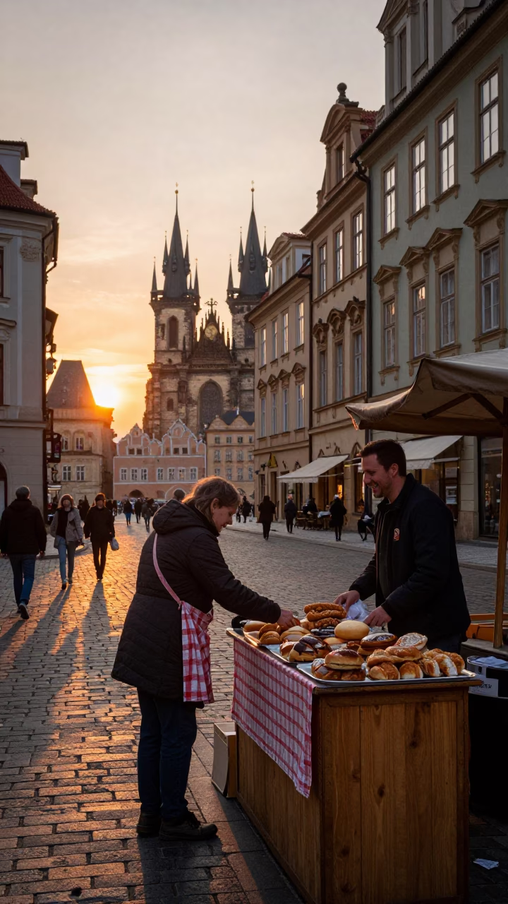 Vintage Prague Sunset Street Scene with Tea Towel and Paper Fan in in Prague, Czech Republic