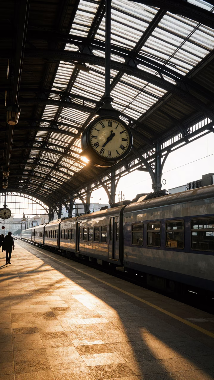 Vintage Prague Train Station Clock Under Iron Roof at Sunset with Travelers in in Prague, Czech Republic