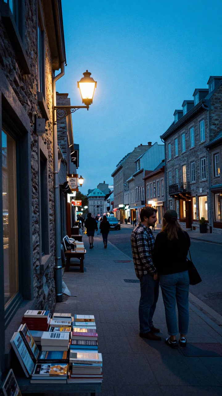 Vintage Quebec City Evening Street Scene with Paperbacks and Local Charm in in Quebec City, Quebec, Canada