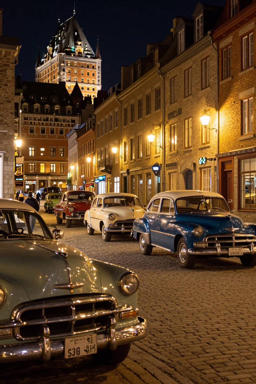 Vintage Quebec City Night Scene with Classic Cars and Cobblestone Streets in in Quebec City, Quebec, Canada