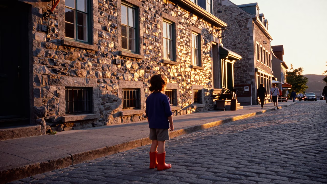 Vintage Quebec City Street Scene at Sunset with Child in Rain Boots in in Quebec City, Quebec, Canada