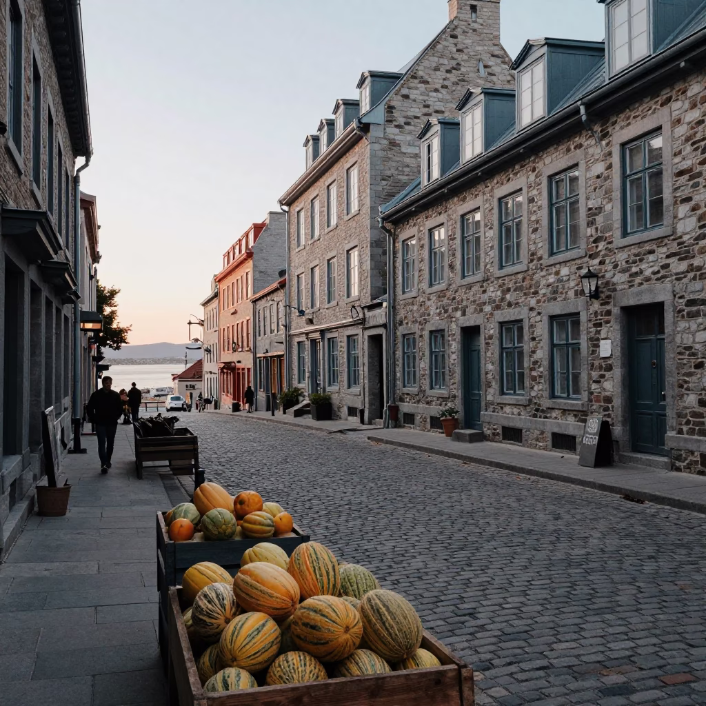 Vintage Quebec City Street Scene Before Dawn with Melons and Willow Tree in in Quebec City, Quebec, Canada