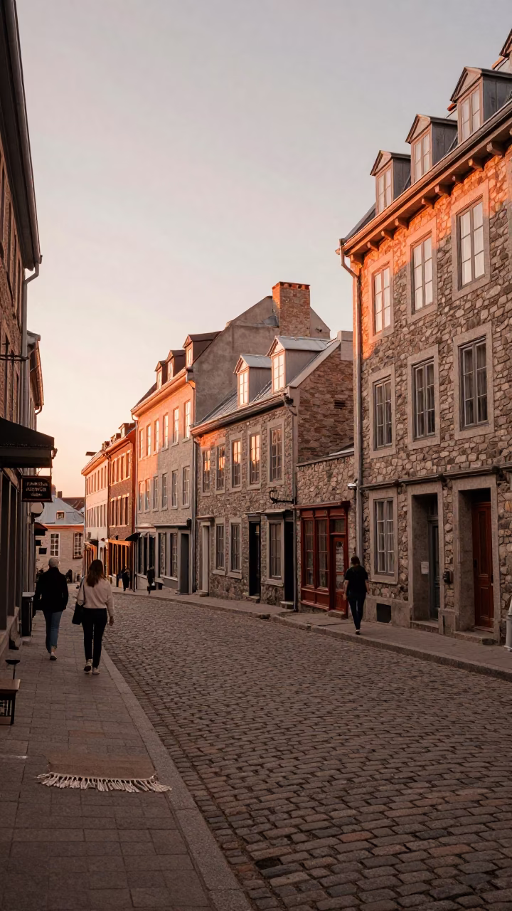 Vintage Quebec City street scene before dusk with linen fringe awning and local pedestrians in in Quebec City, Quebec, Canada