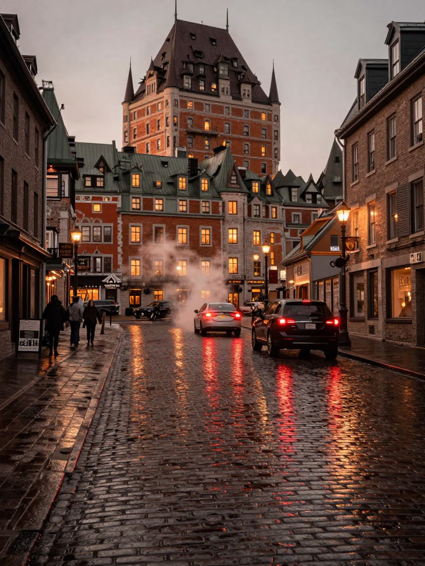 Vintage Quebec City Street Scene Copper Light Reflections and Steam in in Quebec City, Quebec, Canada