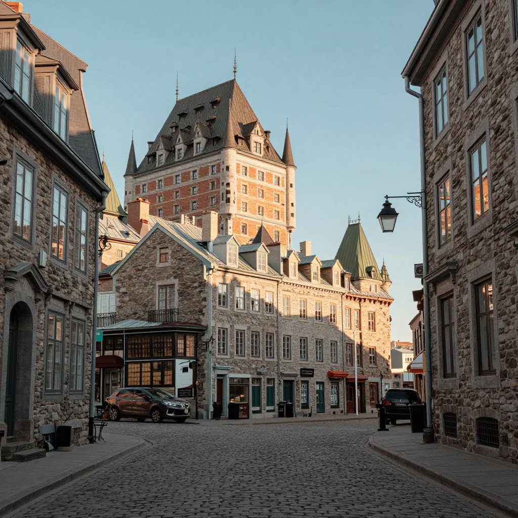 Vintage Quebec City Street Scene Late Afternoon Light with Local Architecture and Pedestrians in in Quebec City, Quebec, Canada
