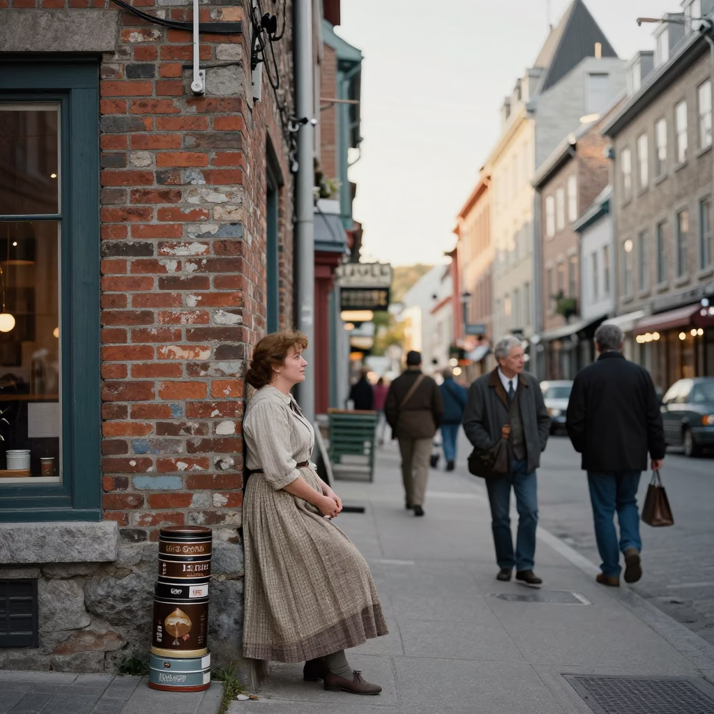 Vintage Quebec City Street Scene Late Afternoon with Coffee Tin and Peg Rail in in Quebec City, Quebec, Canada
