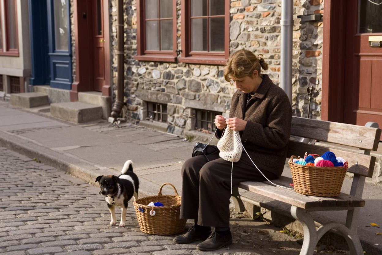 Vintage Quebec City Street Scene with Knitting Basket and Dog in in Quebec City, Quebec, Canada