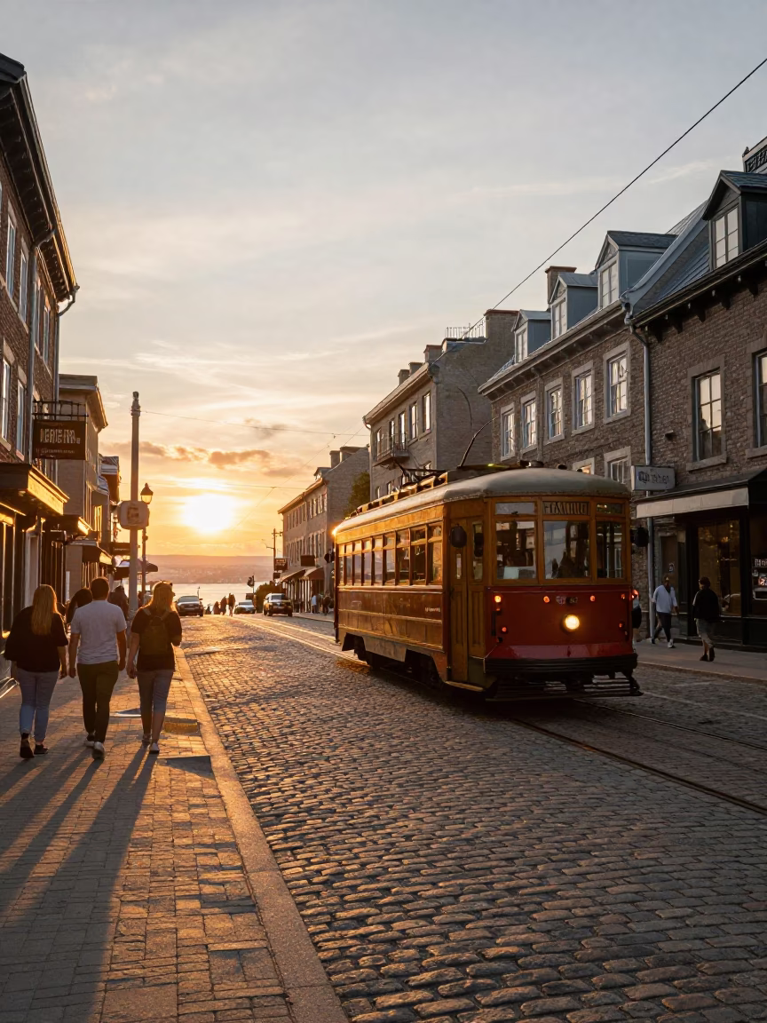 Vintage Quebec City Sunset Street Scene with Heritage Tram and Pedestrians in in Quebec City, Quebec, Canada