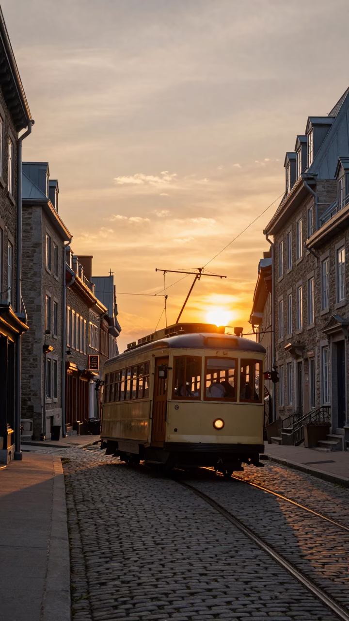 Vintage Quebec City Tram Climbing Steep Hill at Sunset with Historic Stone Architecture in in Quebec City, Quebec, Canada