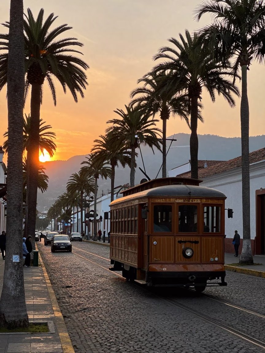Vintage Quito Ecuador Street Scene at Sunset with Old Trolley and Palm Tree Avenue in in Quito, Ecuador