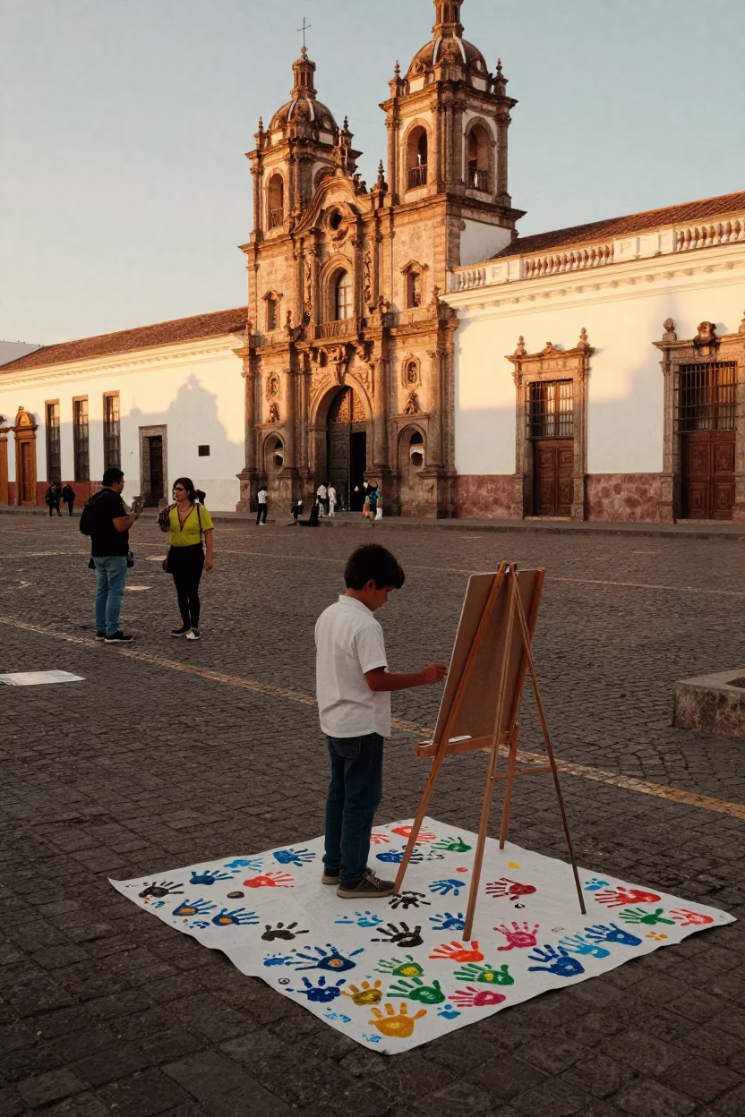 Vintage Quito Ecuador Street Scene with Child and Easel in Golden Hour Light in in Quito, Ecuador
