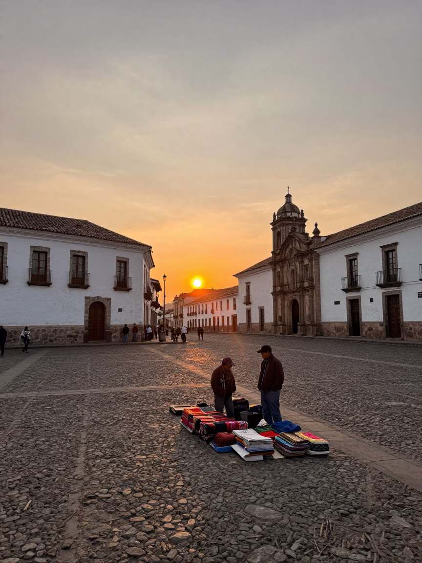 Vintage Quito Street Scene 1960s Sunset with Local Vendor and Traditional Wares in in Quito, Ecuador
