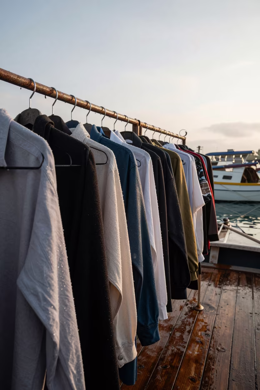 Vintage Racks on Drizzly Boat in Ciudad de la Costa in at a floating market boat in Ciudad de la Costa