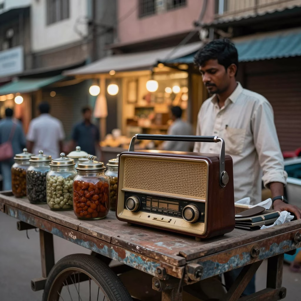 Vintage Radio and Apothecary Jars on Hyderabad Street Stall at Dusk in in Hyderabad, India