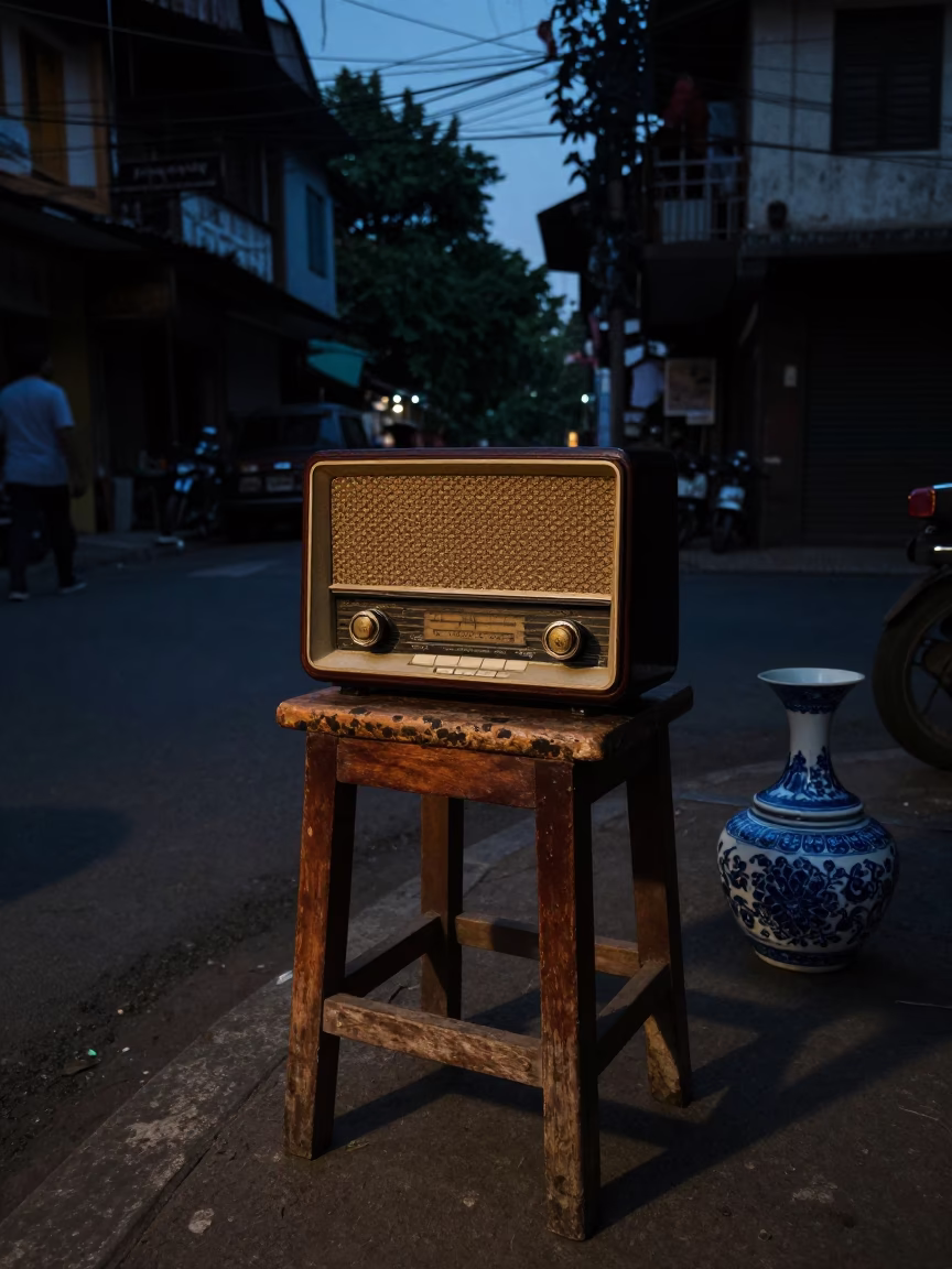 Vintage Radio and Blue Porcelain on Stool in Predawn Kolkata Street Scene in in Kolkata, India