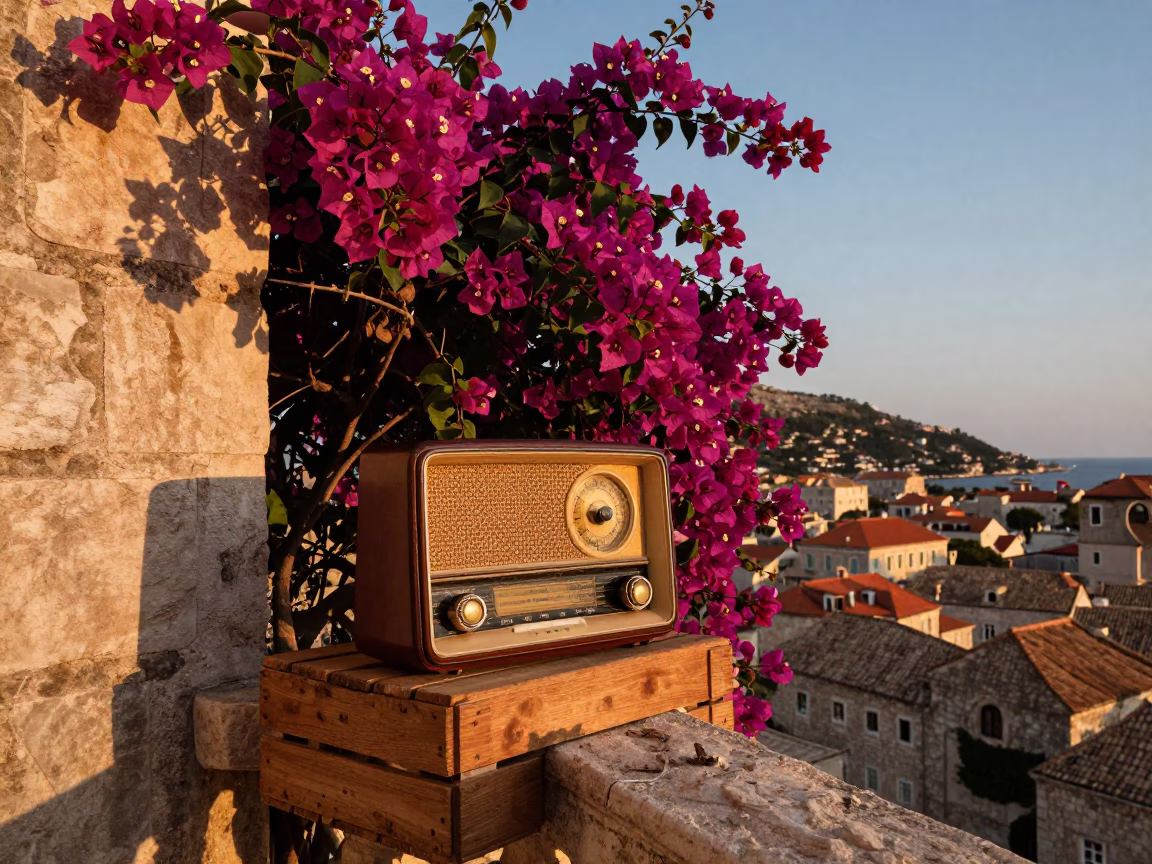 Vintage Radio and Bougainvillea in Dubrovnik Evening Light in in Dubrovnik, Croatia