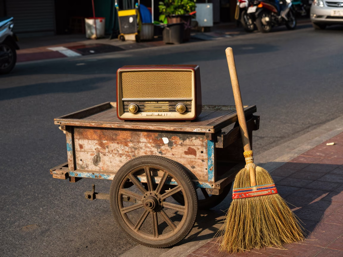 Vintage Radio and Brooms on Bangkok Street Corner in Late Afternoon Light in in Bangkok, Thailand