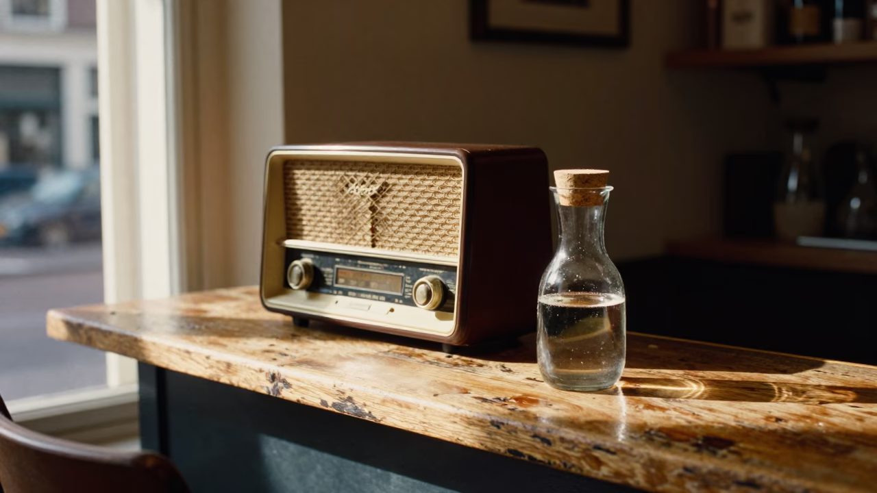 Vintage Radio and Carafe Stopper on Wooden Counter in Amsterdam Late Afternoon Sunlight in in Amsterdam, Netherlands