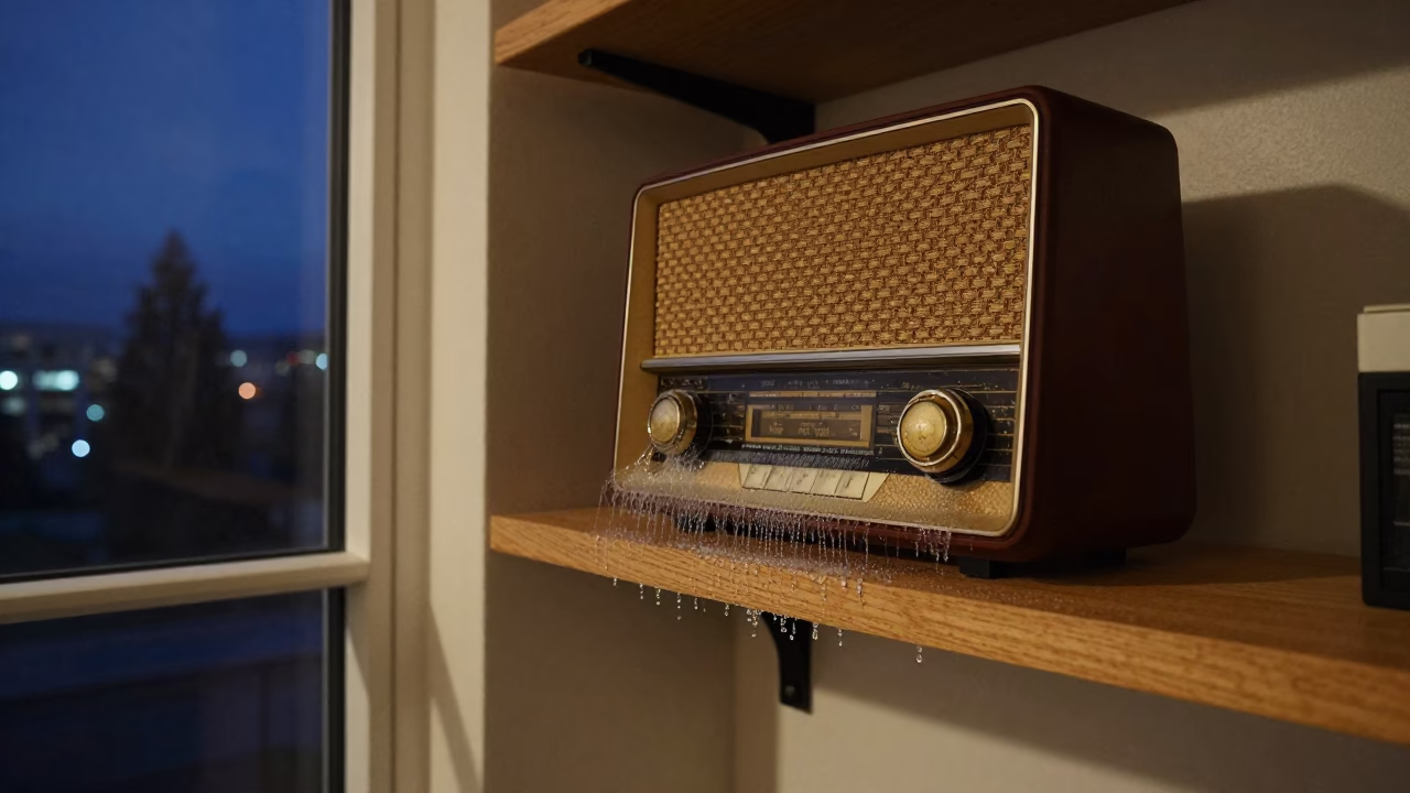 Vintage Radio and Condensation on Shelf Bracket in Late Night Vancouver Apartment in in Vancouver, British Columbia, Canada