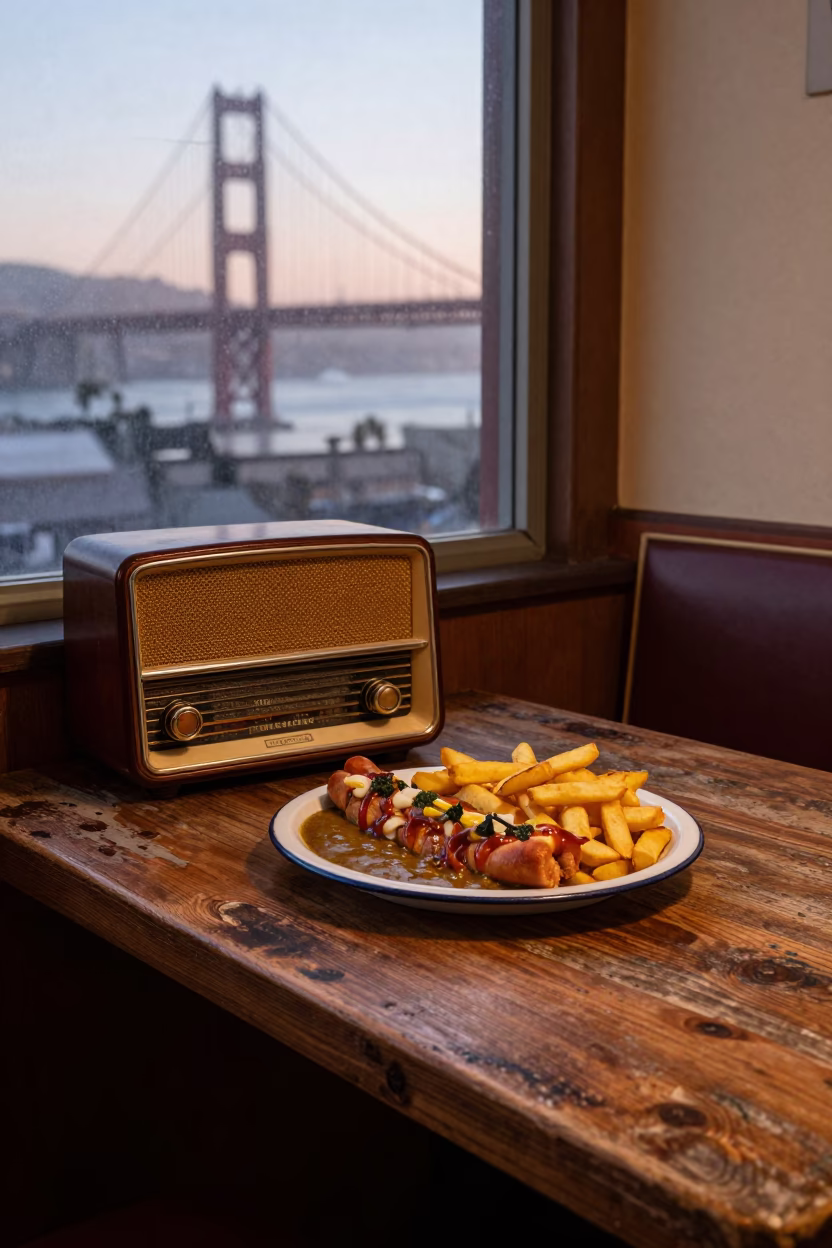 Vintage Radio and Currywurst Plate in Copper-Toned San Francisco Before Dusk in in San Francisco, California, United States