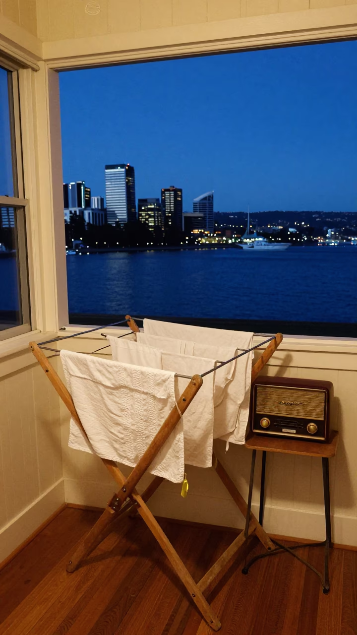 Vintage radio and drying rack in Hobart kitchen at twilight in in Hobart, Tasmania, Australia