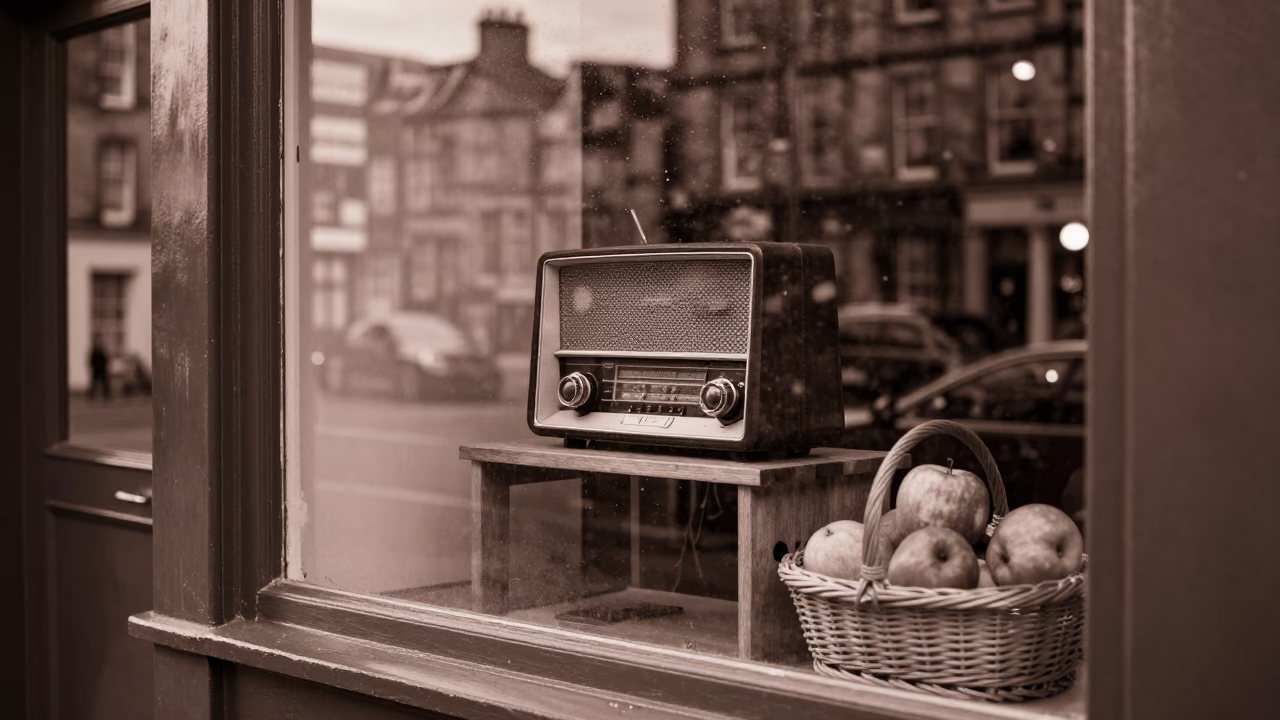 Vintage Radio and Fruit Basket in Edinburgh Shop Window Before Dusk in in Edinburgh, United Kingdom
