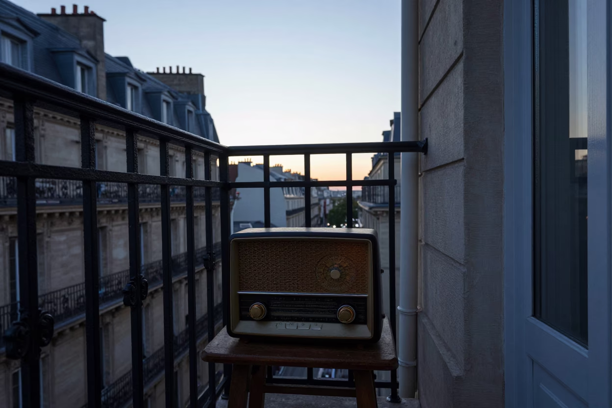 Vintage Radio and Iron Hook on Parisian Balcony Before Dawn in in Paris, France
