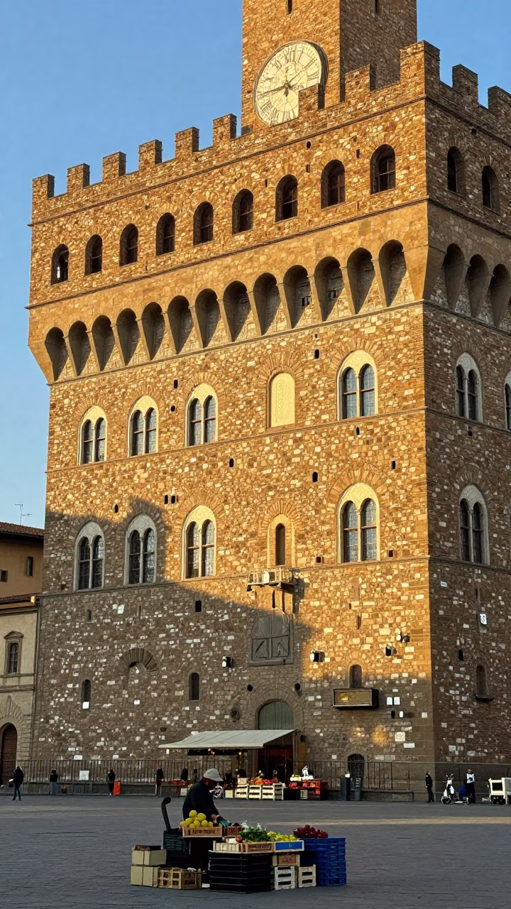 Vintage Radio and Morning Light on Florence Piazza della Signoria After Sunrise in in Florence, Italy