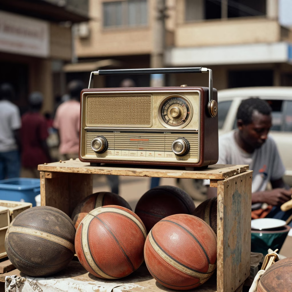Vintage Radio and Old Leather Basketball on Busy Nairobi Street Corner at Midday in in Nairobi, Kenya