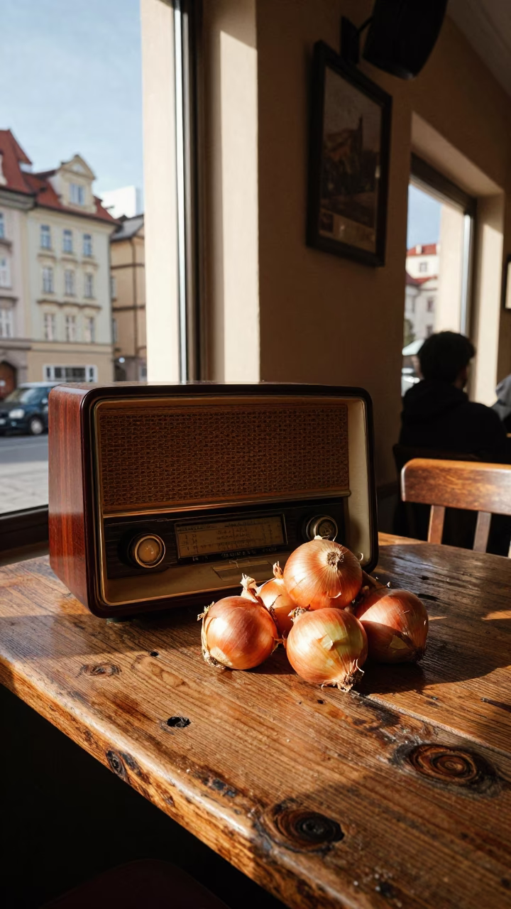 Vintage Radio and Onions on Wooden Table in Prague Cafe Late Afternoon in in Prague, Czech Republic