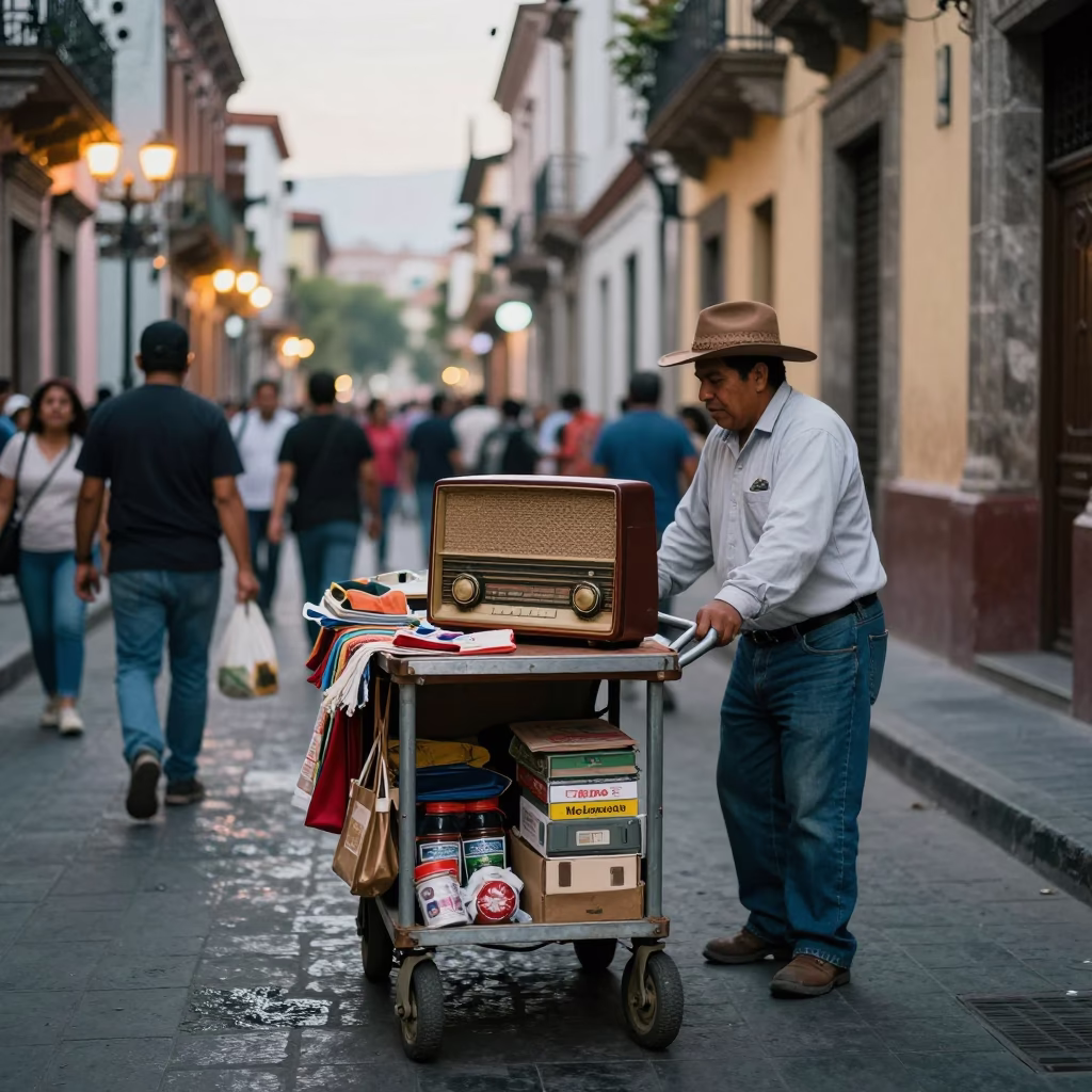 Vintage Radio and Rolling Carts on Mexico City Street at Dusk in in Mexico City, Mexico