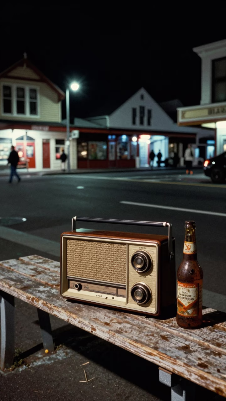 Vintage Radio and Rusty Bottle Neck in Christchurch Night Street Scene in in Christchurch, New Zealand