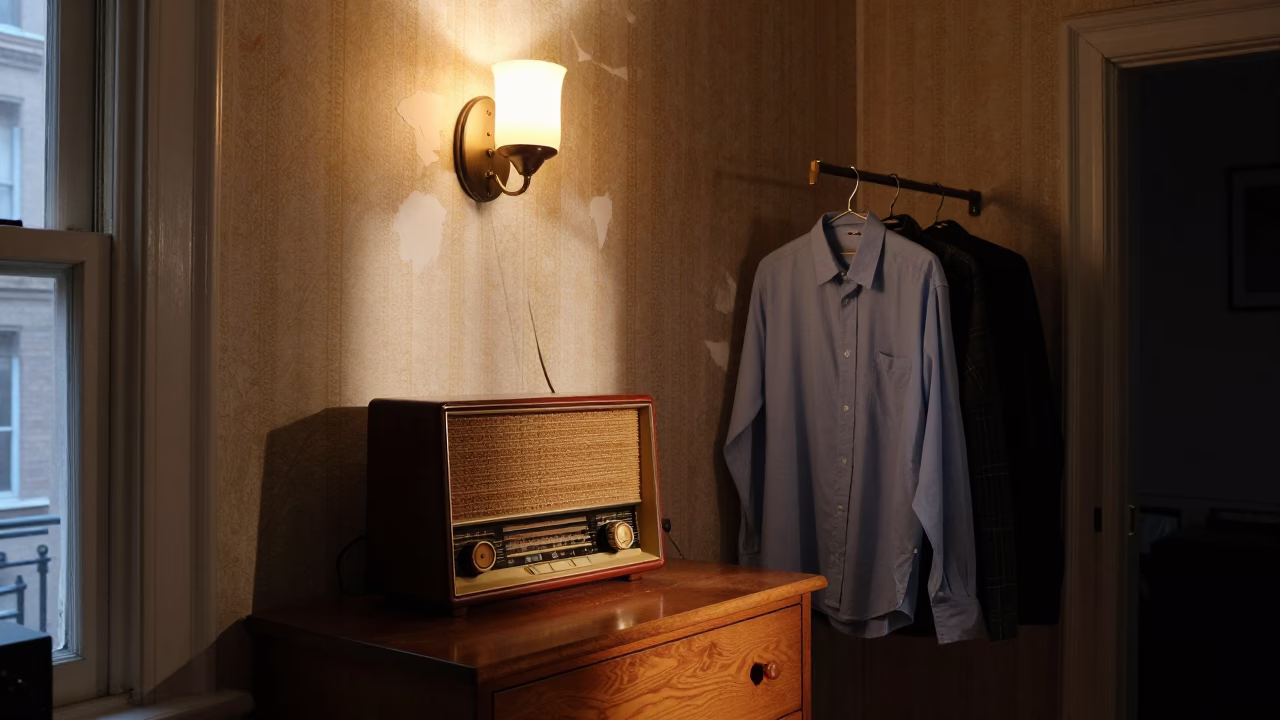 Vintage Radio and Shirt Hanger in 1960s New York Apartment Evening Light in in New York, New York, United States
