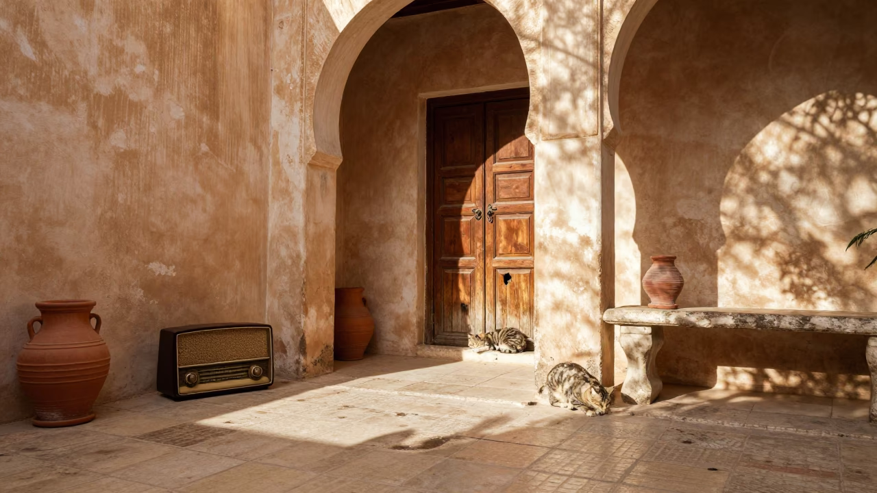 Vintage Radio and Tabby Cat in Tunisian Courtyard Late Afternoon Light in in Tunis, Tunisia