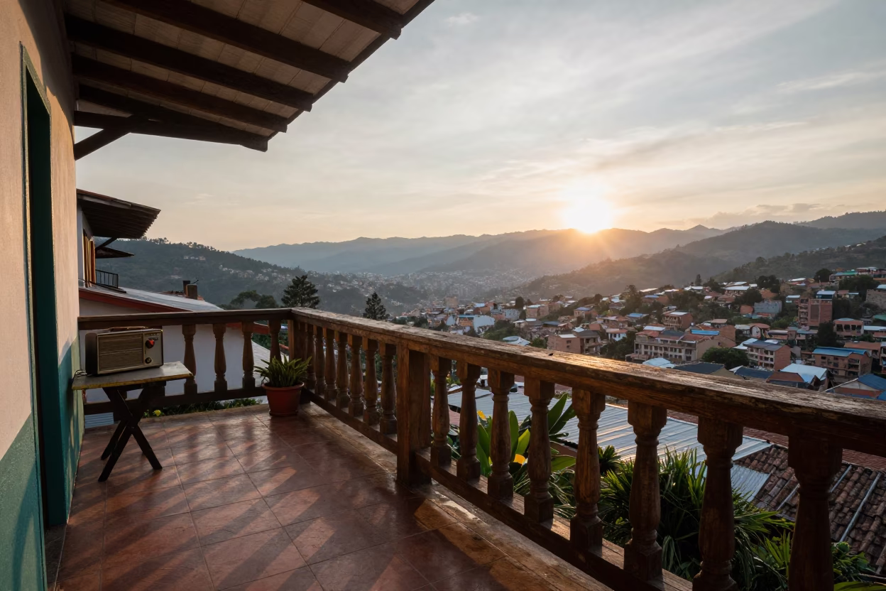 Vintage Radio on Balcony at Sunset in Medellin Colombia with Distant Hills in in Medellin, Colombia