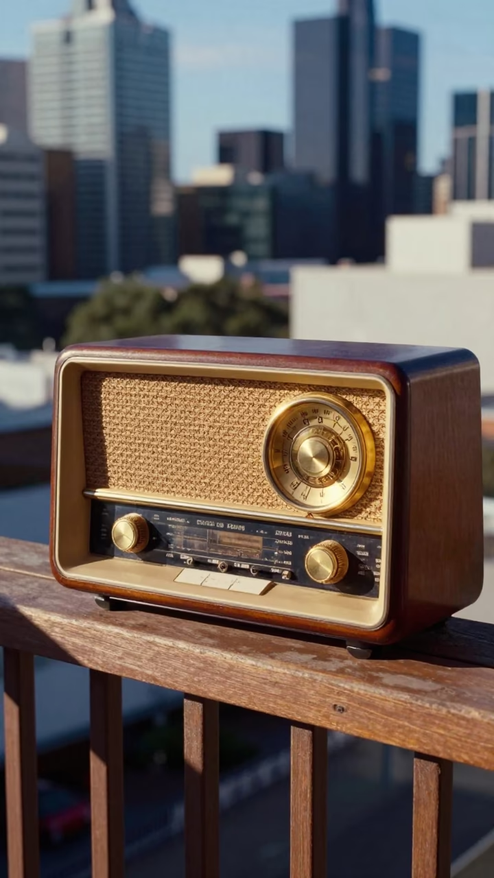 Vintage Radio on Balcony in Melbourne Early Afternoon with City Skyline View in in Melbourne, Victoria, Australia